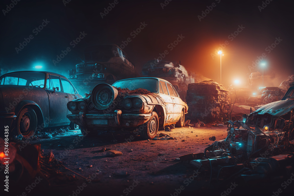 The old car and engine in the garbage land, Generative Ai