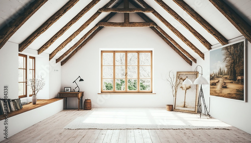 White minimal attic interior in scandinavian style. Cozy indoor background. AI generative image.