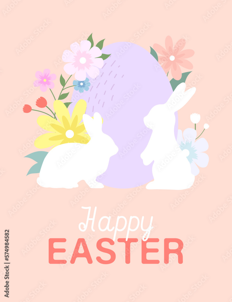 Happy Easter greeting card with rabbits, egg and flowers. Vector illustration. Happy Easter greeting card with rabbits, egg and flowers. Vector illustration.