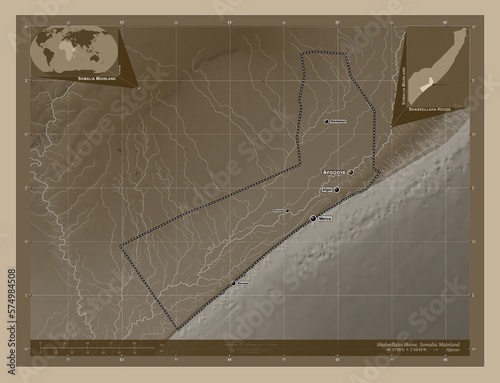 Shabeellaha Hoose, Somalia Mainland. Sepia. Labelled points of cities photo