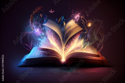 Open Magic Fantasy Book With Lights. Generative AI