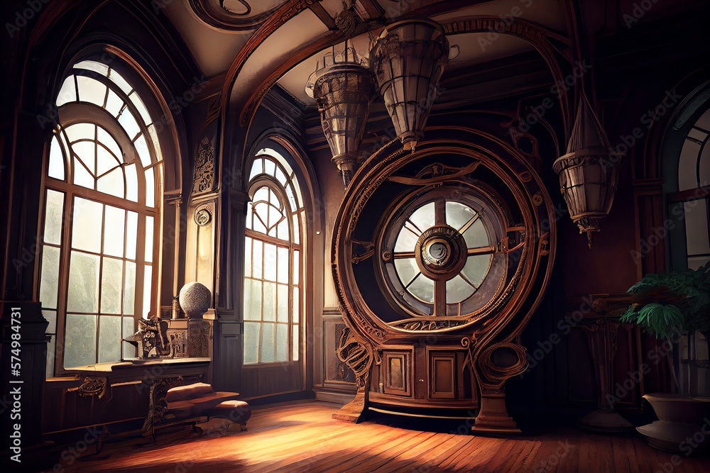 Steampunk Interior Design, Fantasy Retro Hall, In A Victorian House With Big Windows. Generative AI