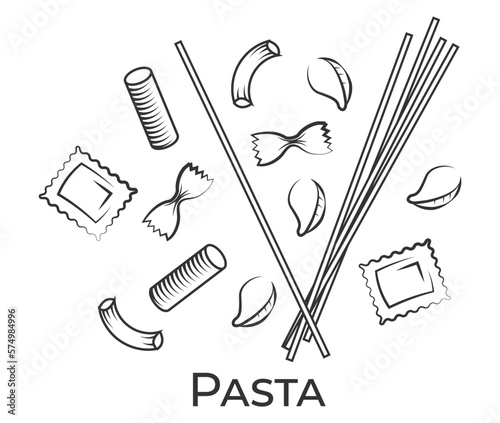 Vector vintage italian pasta restaurant illustration. Hand drawn. Vector hand drawn pasta set. Vintage line art illustration