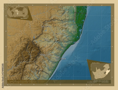 KwaZulu-Natal, South Africa. Physical. Labelled points of cities photo