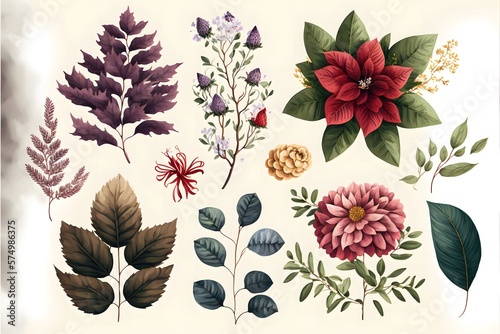 Flower and leaves collection on a plain paper background in painting style