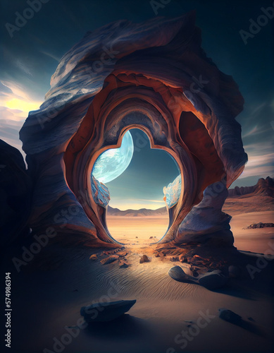 Artistic concept of a desert with an arcade in the middle. Generative AI  photo