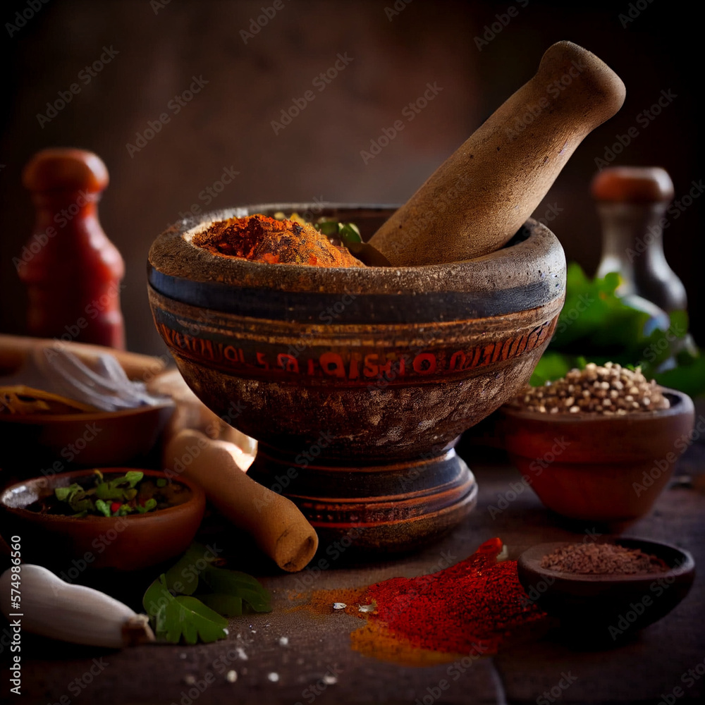 mortar and pestle with spices - obrazy, fototapety, plakaty 