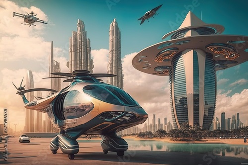 futuristic drone flies over Dubai city in the beautiful light, generative AI