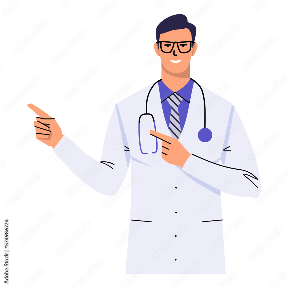 Doctor in glasses points to something with the index fingers of both hands. Man shows, demonstrates. Portrait of a medical worker with a stethoscope and in a white coat. Isolated on white. Flat vector Doctor in glasses points to something with the index fingers of both hands. Man shows, demonstrates. Portrait of a medical worker with a stethoscope and in a white coat. Isolated on white. Flat vector