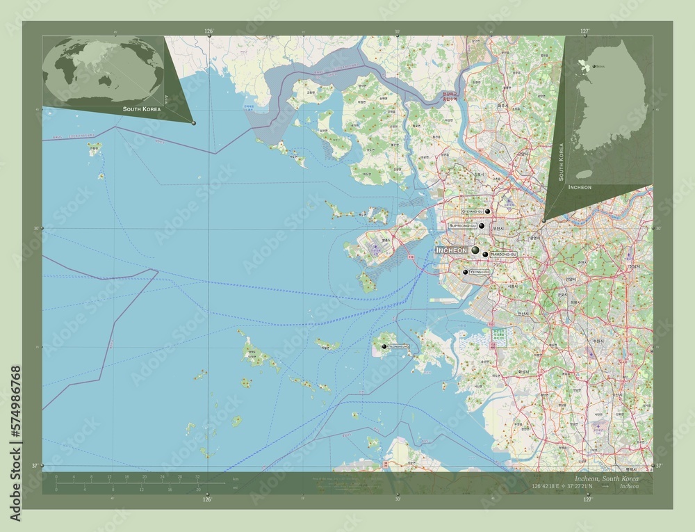 Fototapeta premium Incheon, South Korea. OSM. Labelled points of cities