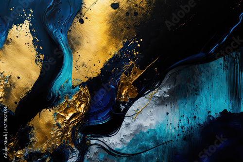 Abstract luxurious indigo blue and golden acrylic mixed paint texture background. Alcohol ink trendy liquid wavy technique. Beautiful artistic backdrop. AI generative image.