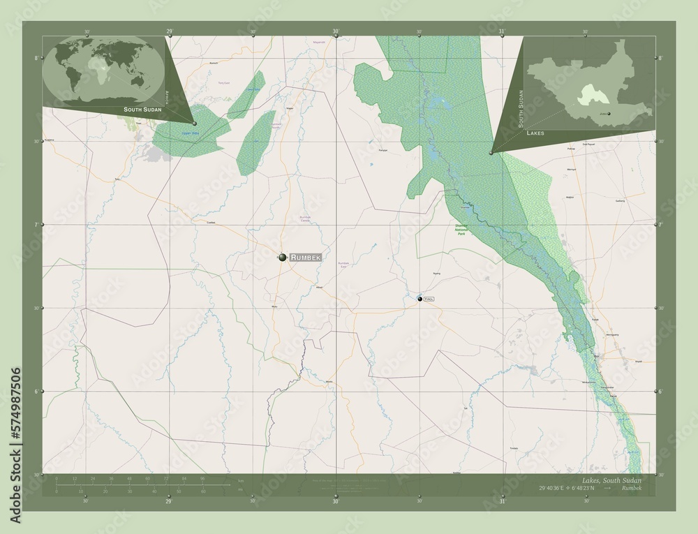 Fototapeta premium Lakes, South Sudan. OSM. Labelled points of cities