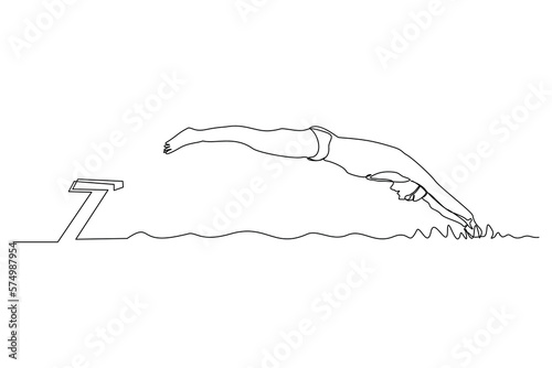 Continuous single one line drawing art of swimming athlete man jumping to start swim competition. Vector illustration of healthy sport lifestyle