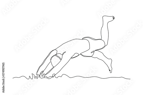 Continuous single one line drawing art of swimming athlete man jumping to start swim competition. Vector illustration of healthy sport lifestyle