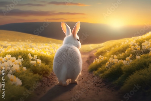White bunny enjoying a sunrise