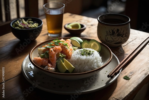 Japanese meal on the table. Sushy of salmon or shrimp with rice and a traditional Oriental drink. Generative AI photo