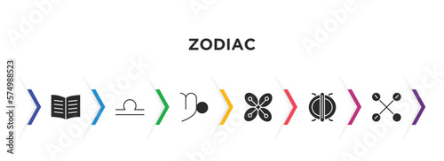 zodiac filled icons with infographic template. glyph icons such as knowledge, libra, capricorn, affluence, perseverance, gods guidance vector.