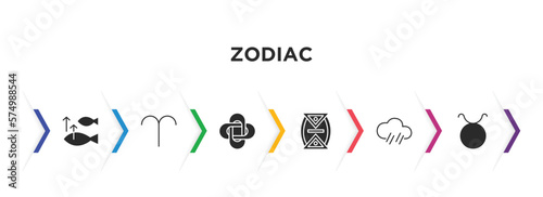 zodiac filled icons with infographic template. glyph icons such as abundance, aries, hypocrisy, time changes, precipitation, taurus vector.