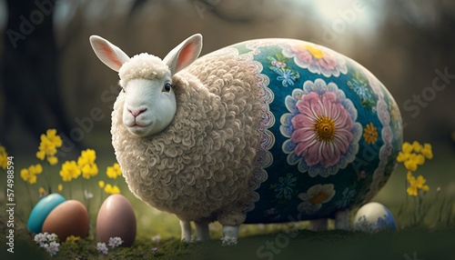 Easter sheep-bunny and eggs. Generative AI.