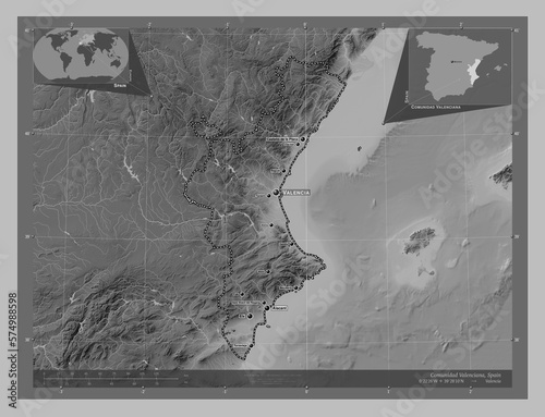 Comunidad Valenciana, Spain. Grayscale. Labelled points of cities photo