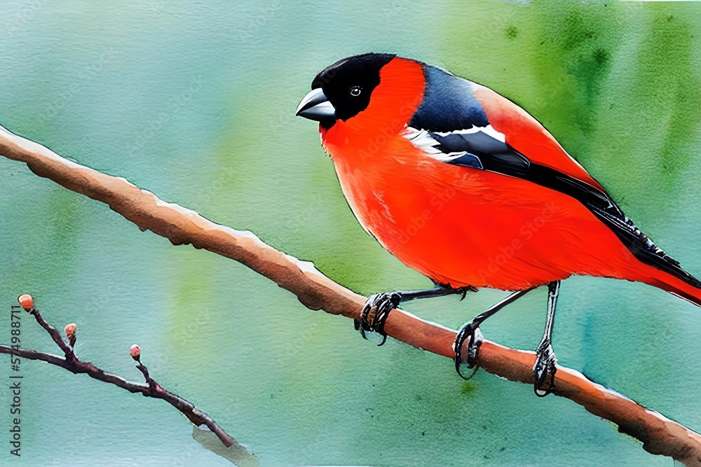 Fototapeta premium bird bullfinch on a branch, art illustration painted with watercolors isolated on white background. Generative AI
