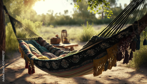 Comfortable cozy hammock in boho style hanging on trees on outdoor sunny nature background. Backyard blurred backdrop. AI generative image.