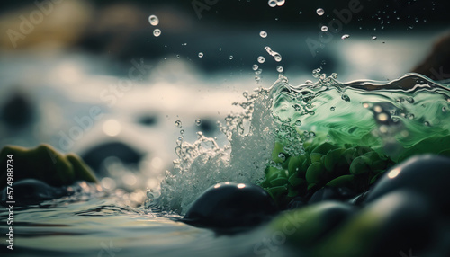 Beautiful spring detailed close up stream of fresh water with young green plants. Horizontal banner, springtime concept. Abstract outdoor wild nature background. AI generative image. #574988734