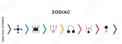 zodiac filled icons with infographic template. glyph icons such as understanding, lifes challenges, neptune, coagulation, uranus, sulphur vector.