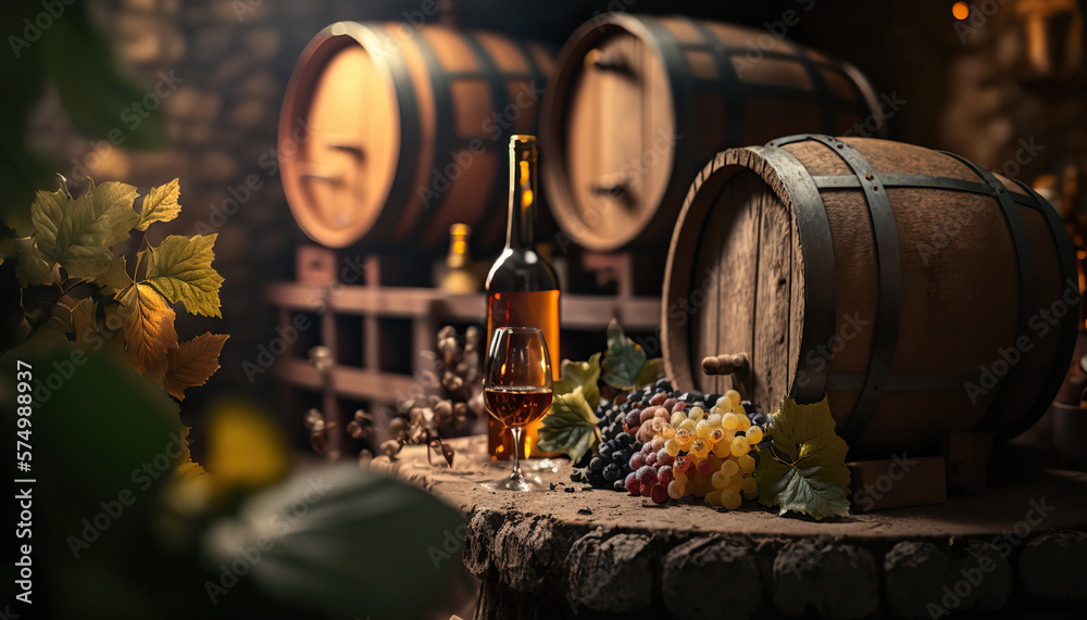 Fototapeta premium Illustration of wine cellar with big barrels, winery concept indoor background. AI generative image.