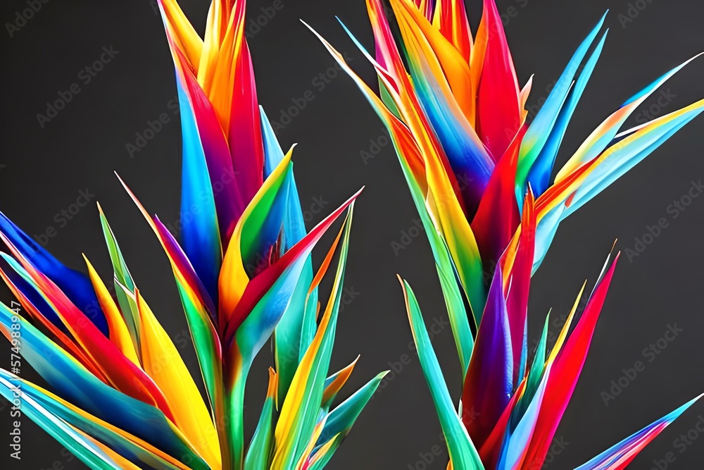 Colored abstract bird of paradise on a black background. Generative AI