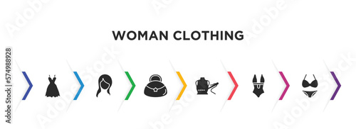 woman clothing filled icons with infographic template. glyph icons such as lace dress with belt, female with long hair, hobo shoulder bag, clothing stitches, swimsuit feminine, bikini vector.