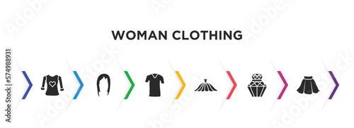 woman clothing filled icons with infographic template. glyph icons such as heart shaped clothes, hair wig, clothes, long dress, parfum, skirt black short vector.