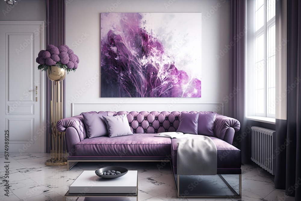 reguleren Oneffenheden Onrechtvaardig Modern living room with confortable purple sofa. Interior design.  Generative AI Stock Illustration | Adobe Stock