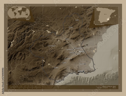 Region de Murcia, Spain. Sepia. Labelled points of cities photo