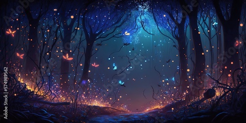 The enchantment of a fantasy forest at night is illuminated by magical lights and fireflies, Generative AI