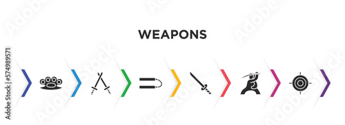 weapons filled icons with infographic template. glyph icons such as brass knuckles, battle, japanese nunchaku, katana with handle, samurai, shooting target vector.