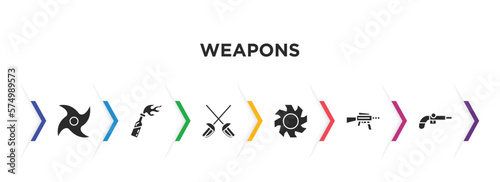 weapons filled icons with infographic template. glyph icons such as japanese shuriken, molotov cocktail, sabre, blade, hine gun, musket vector.