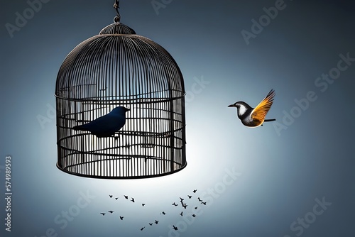 illustration of little bird flying out of open birdcage, surreal freedom motivational concept. Generative AI