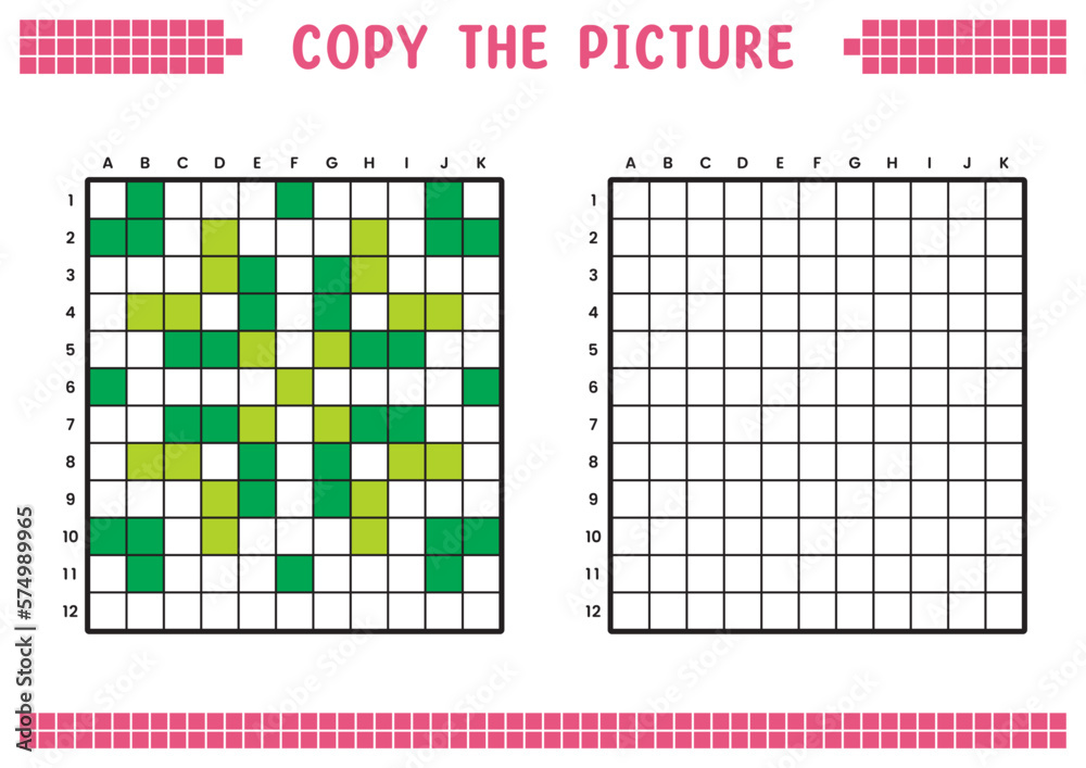 Fototapeta premium Copy the picture, complete the grid image. Educational worksheets drawing with squares, coloring areas. Preschool activities, children's games. Vector illustration, pixel art. Green abstract flower.