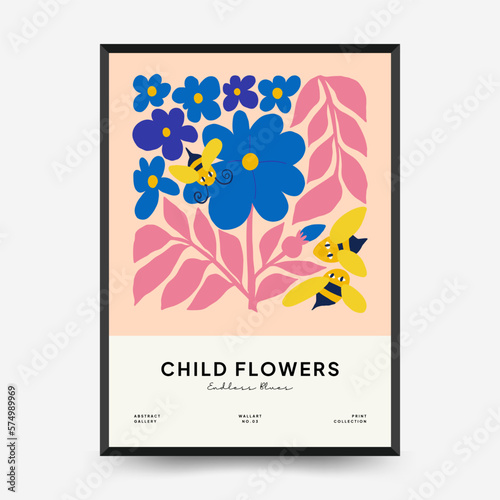 Abstract floral posters template. Modern trendy Matisse minimal style. Pink and blue colors. Hand drawn design for wallpaper  wall decor  print  postcard  cover  template  banner. 