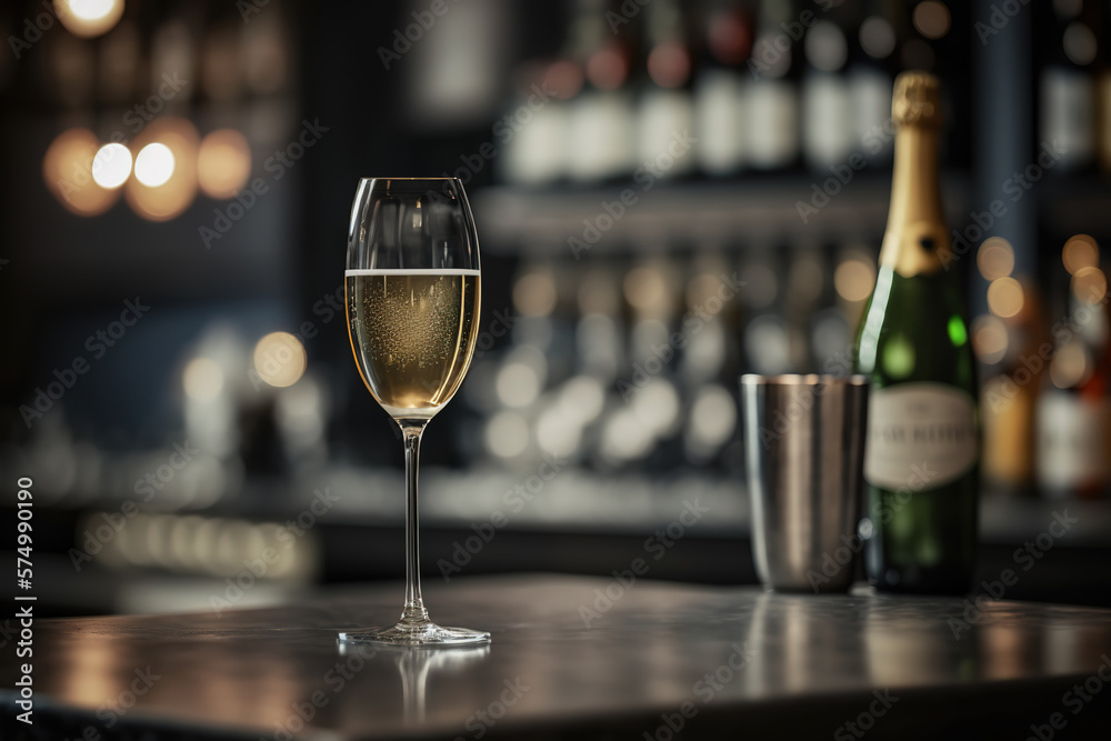 A glass of the champagne or white wine is placed on the counter with background of luxury bar place. Generative Ai image.	
 - obrazy, fototapety, plakaty 