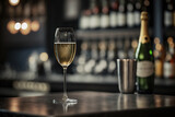 A glass of the champagne or white wine is placed on the counter with background of luxury bar place. Generative Ai image. 