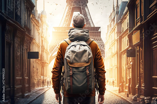A traveler backpacker is standing on the city street with background of Eiffel tower, the famous landmark of Paris, France. Travel and journey concept scene. Generative Ai image. © Nattawit