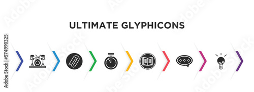 ultimate glyphicons filled icons with infographic template. glyph icons such as band, attach rotated, time almost full, reading, message ballon, light bulb on vector. photo