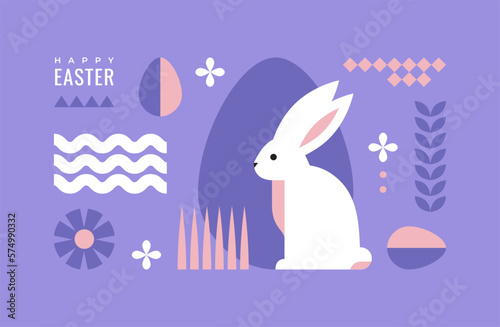 Easter horizontal background with bunny, eggs and abstract geometric shapes.