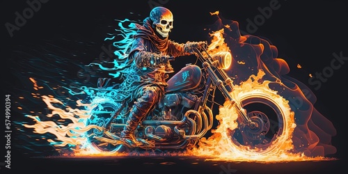 A frightening specter of a biker riding a motorcycle with a fiery skeleton rider mounted on it, Generative AI