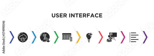 user interface filled icons with infographic template. glyph icons such as download from the cloud, less percentage, table for data, new idea, person explaining data, justified vector.