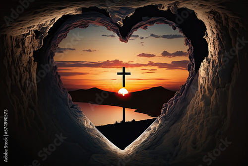 Good Friday concept: Heart shape of cave with Jesus Christ on cross over meadow sunset background, generative AI