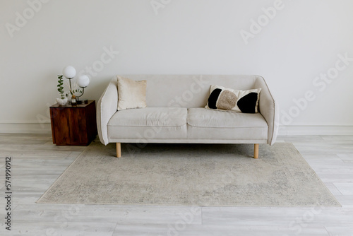 Stylish gray sofa and coffee table in a light-colored room