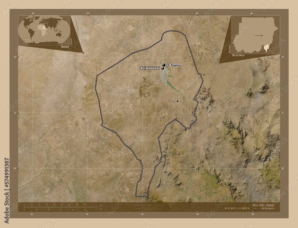 Fototapeta premium Blue Nile, Sudan. Low-res satellite. Labelled points of cities